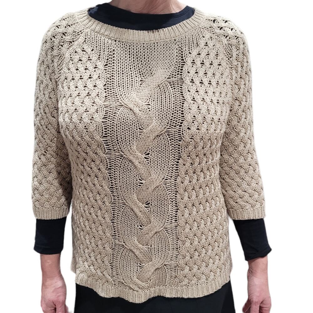 Cyrus Tan Fisherman Cable Knit Sweater Sz M Neutral Cozy Capsule Layering Warm